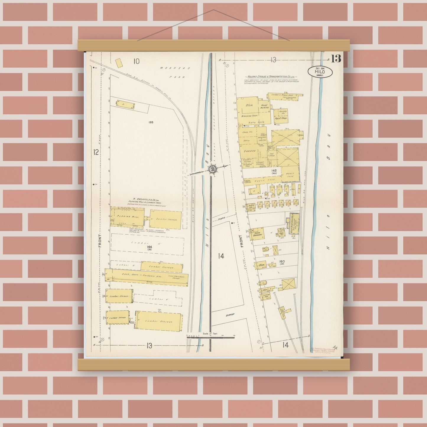 Old map wall art mockup — magnetic wood frame on brick wall — Sanborn Fire Insurance Map from Hilo, Hawaii County, Hawaii (1914), Sheet #0013