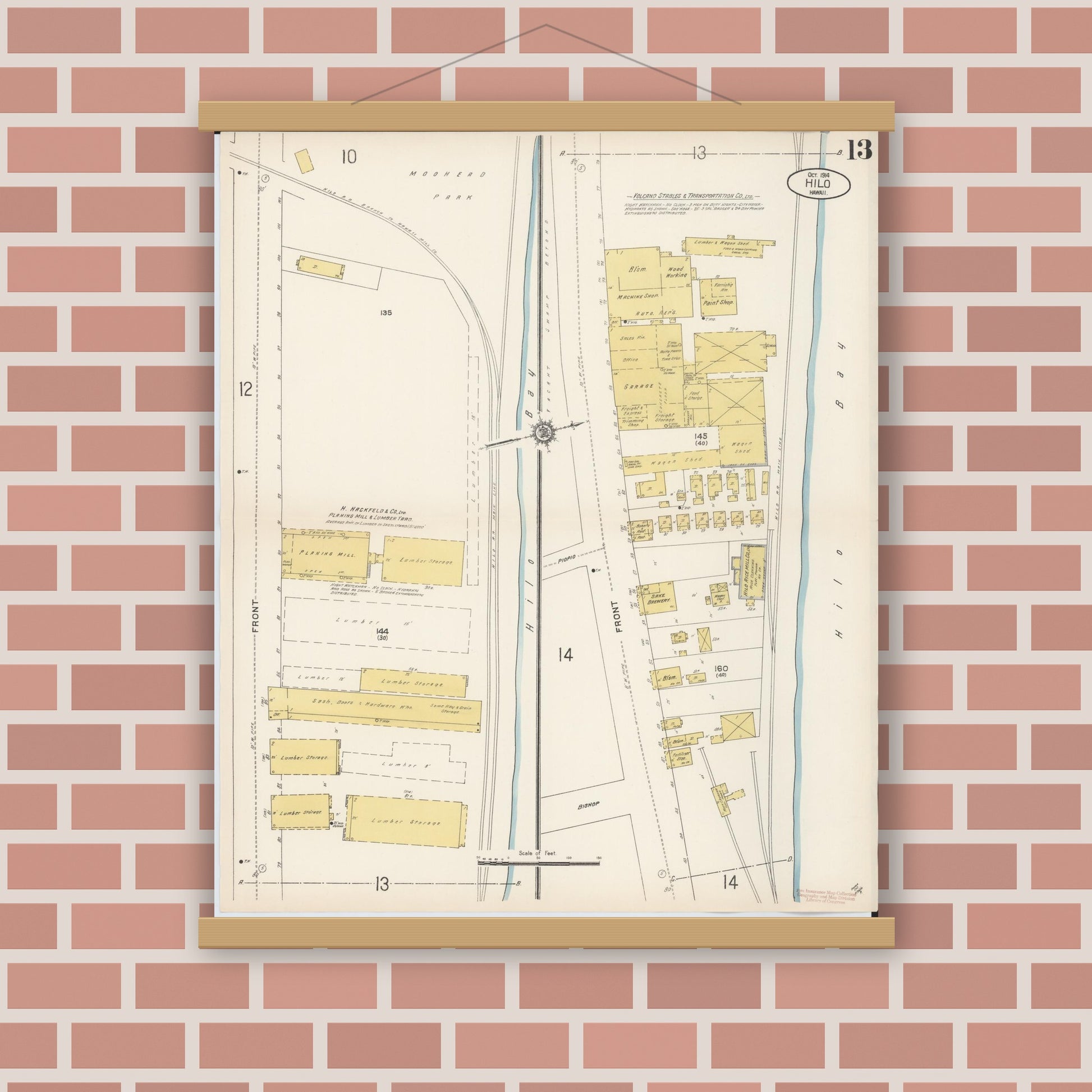 Old map wall art mockup — magnetic wood frame on brick wall — Sanborn Fire Insurance Map from Hilo, Hawaii County, Hawaii (1914), Sheet #0013