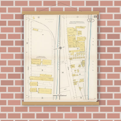 Old map wall art mockup — magnetic wood frame on brick wall — Sanborn Fire Insurance Map from Hilo, Hawaii County, Hawaii (1914), Sheet #0013