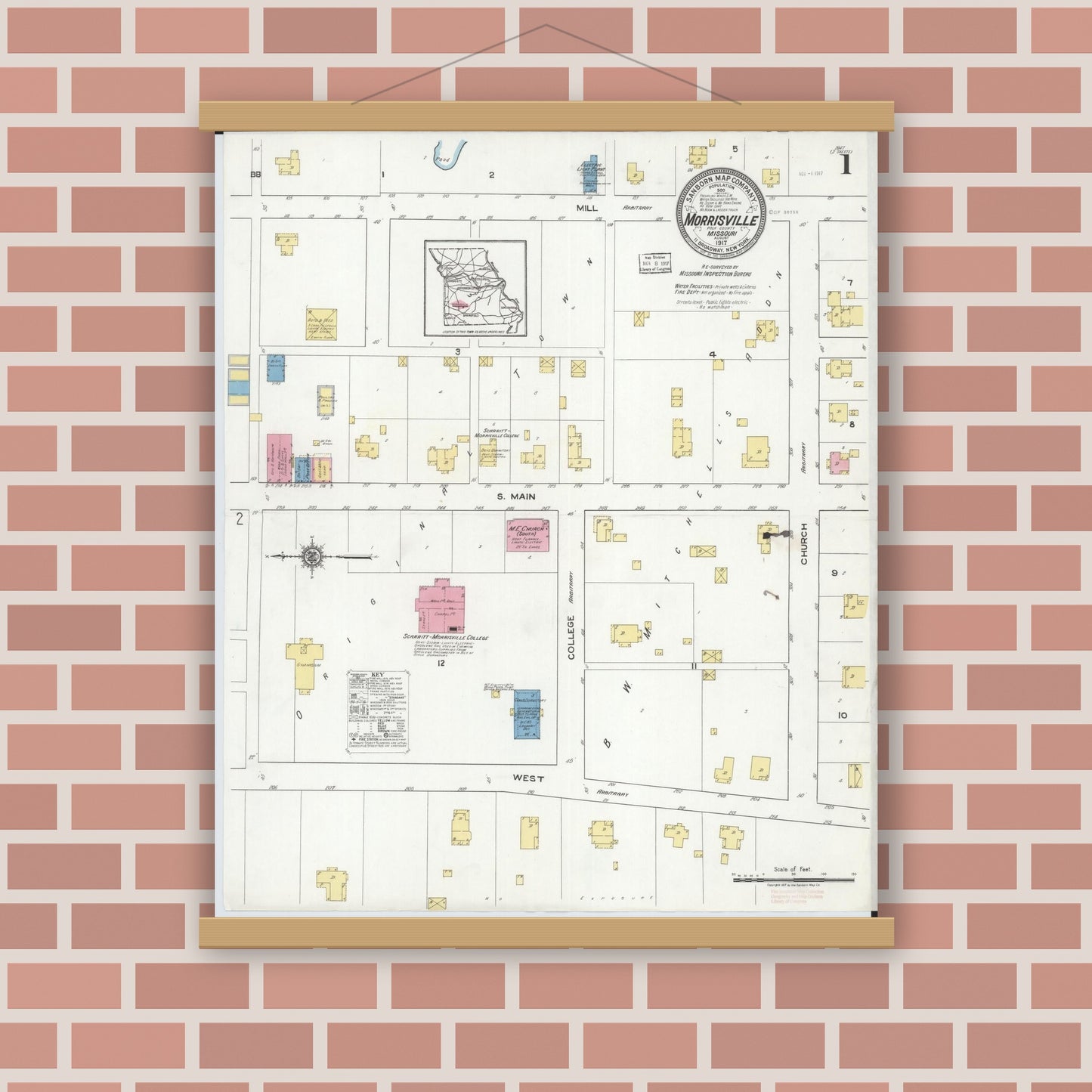 Old map wall art mockup — magnetic wood frame on brick wall — Sanborn Fire Insurance Map from Morrisville, Polk County, Missouri (1917) - Complete Map Set