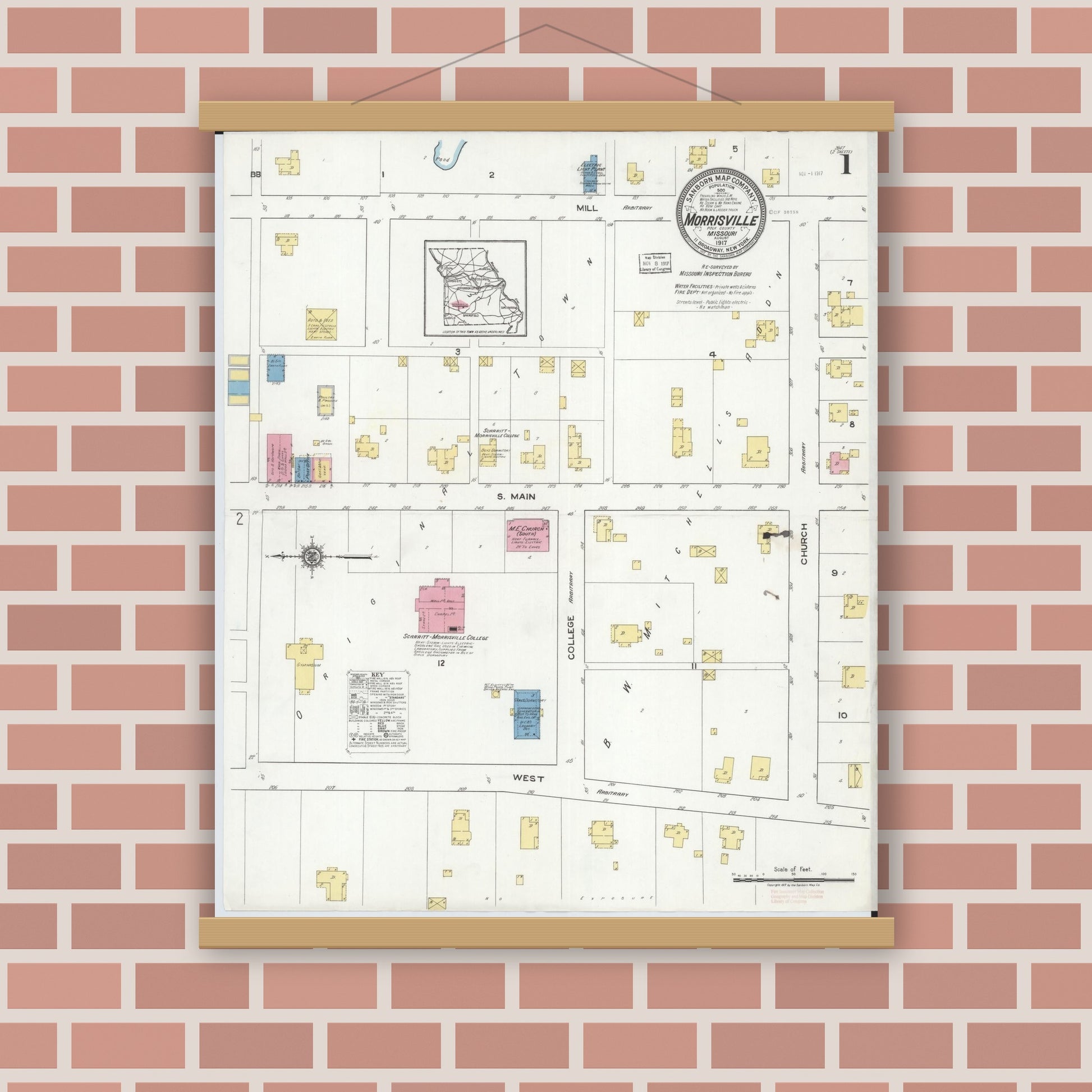 Old map wall art mockup — magnetic wood frame on brick wall — Sanborn Fire Insurance Map from Morrisville, Polk County, Missouri (1917) - Complete Map Set