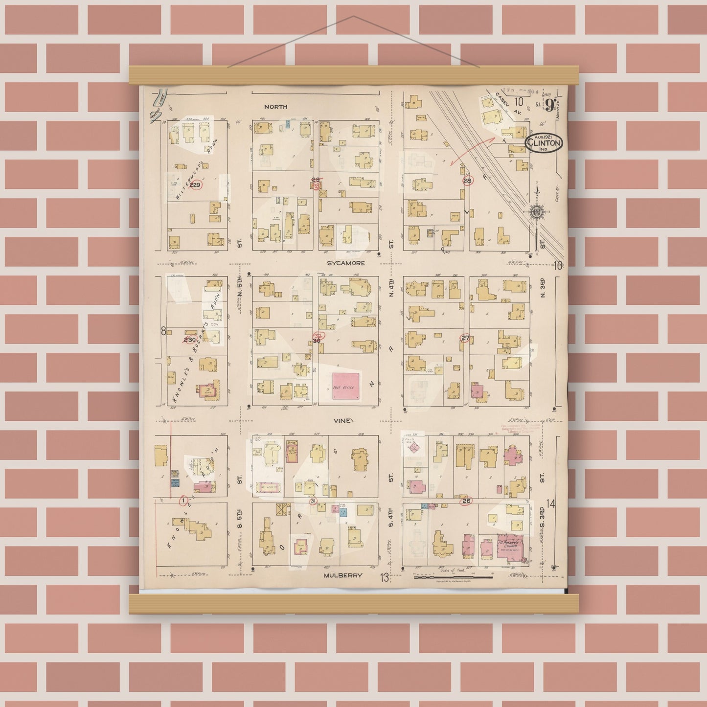 Old map wall art mockup — magnetic wood frame on brick wall — Sanborn Fire Insurance Map from Clinton, Vermillion County, Indiana (1947), Sheet #0009