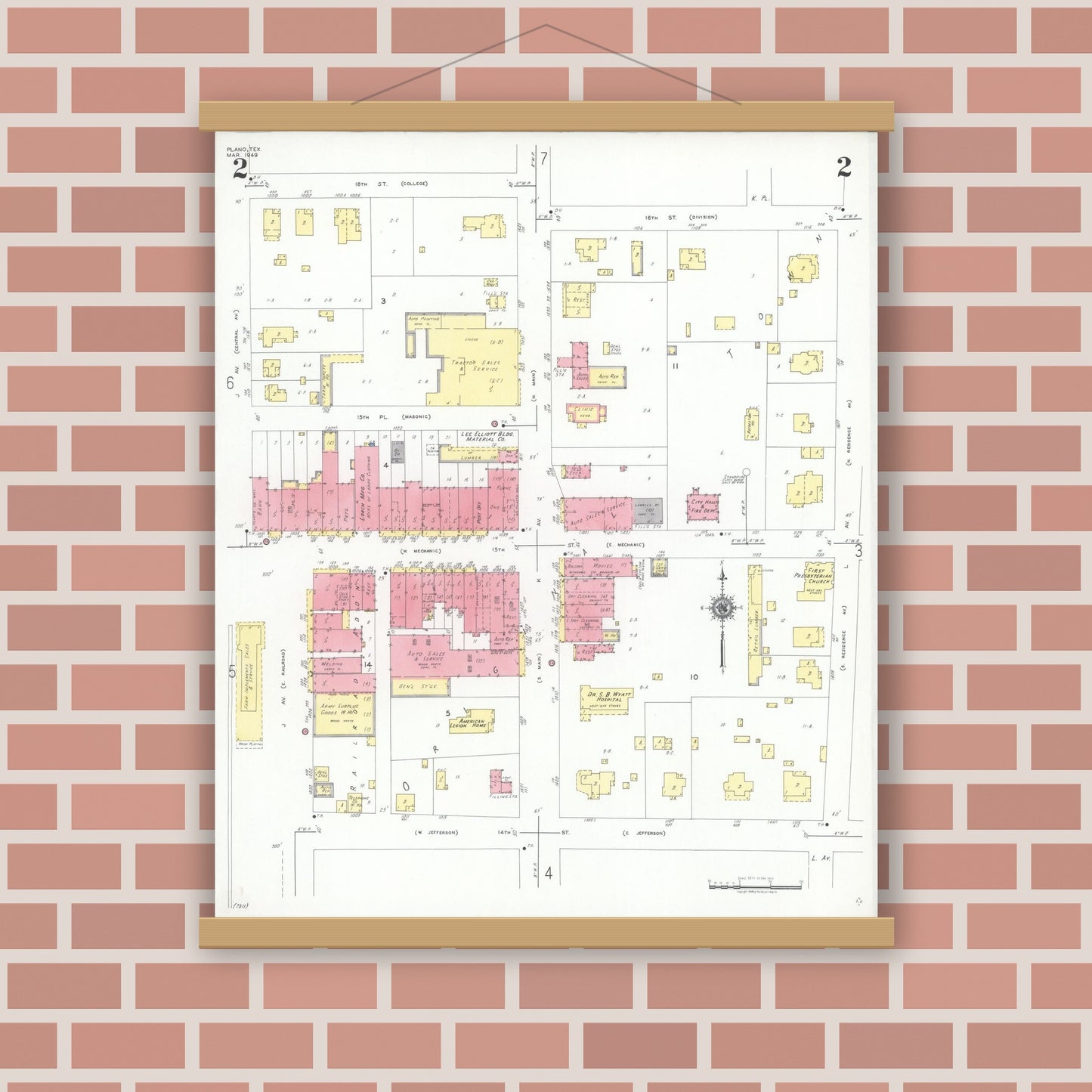 Old map wall art mockup — magnetic wood frame on brick wall — Sanborn Fire Insurance Map from Plano, Collin County, Texas (1949), Sheet #0002