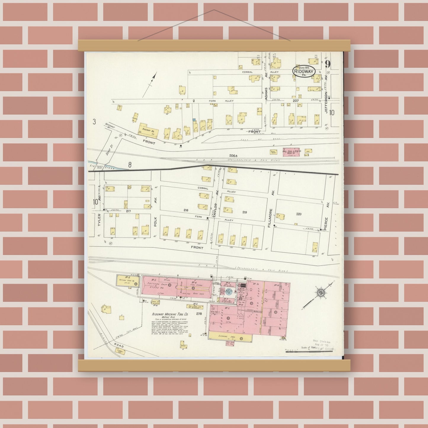 Old map wall art mockup — magnetic wood frame on brick wall — Sanborn Fire Insurance Map from Ridgway, Elk County, Pennsylvania (1915), Sheet #0009