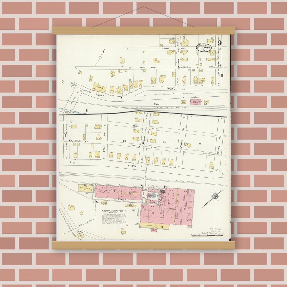 Old map wall art mockup — magnetic wood frame on brick wall — Sanborn Fire Insurance Map from Ridgway, Elk County, Pennsylvania (1915), Sheet #0009