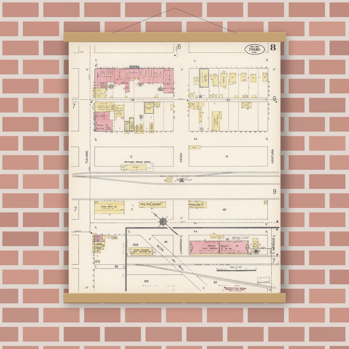 Old map wall art mockup — magnetic wood frame on brick wall — Sanborn Fire Insurance Map from Dinuba, Tulare County, California (1912), Sheet #0008
