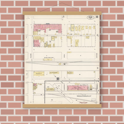 Old map wall art mockup — magnetic wood frame on brick wall — Sanborn Fire Insurance Map from Dinuba, Tulare County, California (1912), Sheet #0008