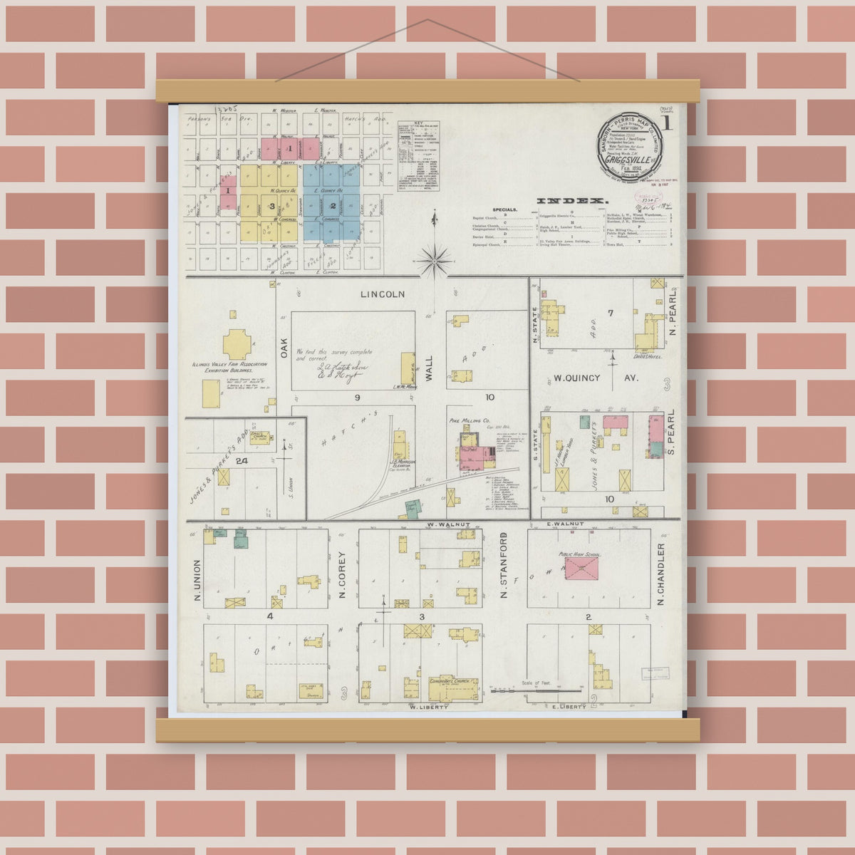 Old map wall art mockup — magnetic wood frame on brick wall — Sanborn Fire Insurance Map from Griggsville, Pike County, Illinois (1894) - Complete Map Set