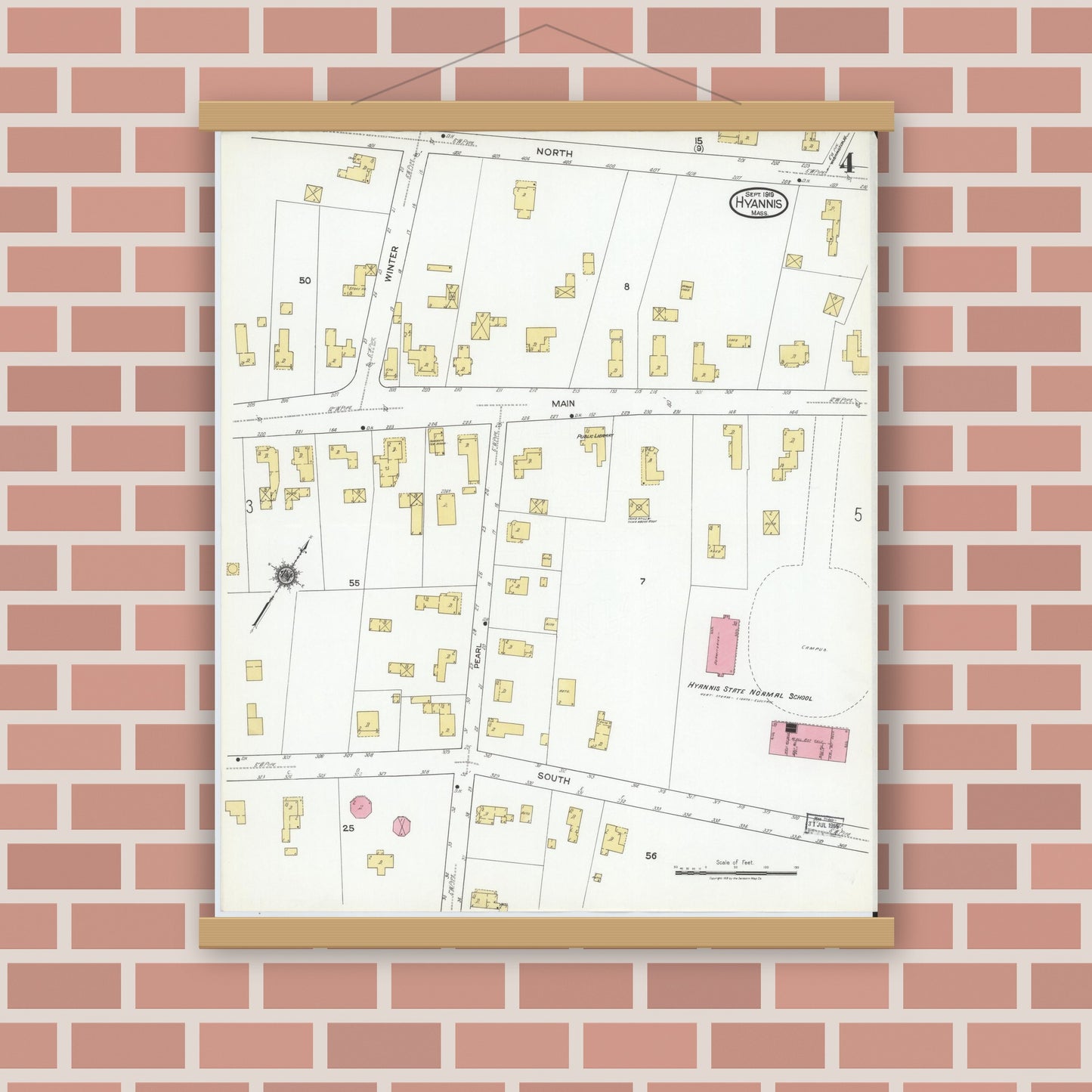 Old map wall art mockup — magnetic wood frame on brick wall — Sanborn Fire Insurance Map from Hyannis, Barnstable County, Massachusetts (1919), Sheet #0004