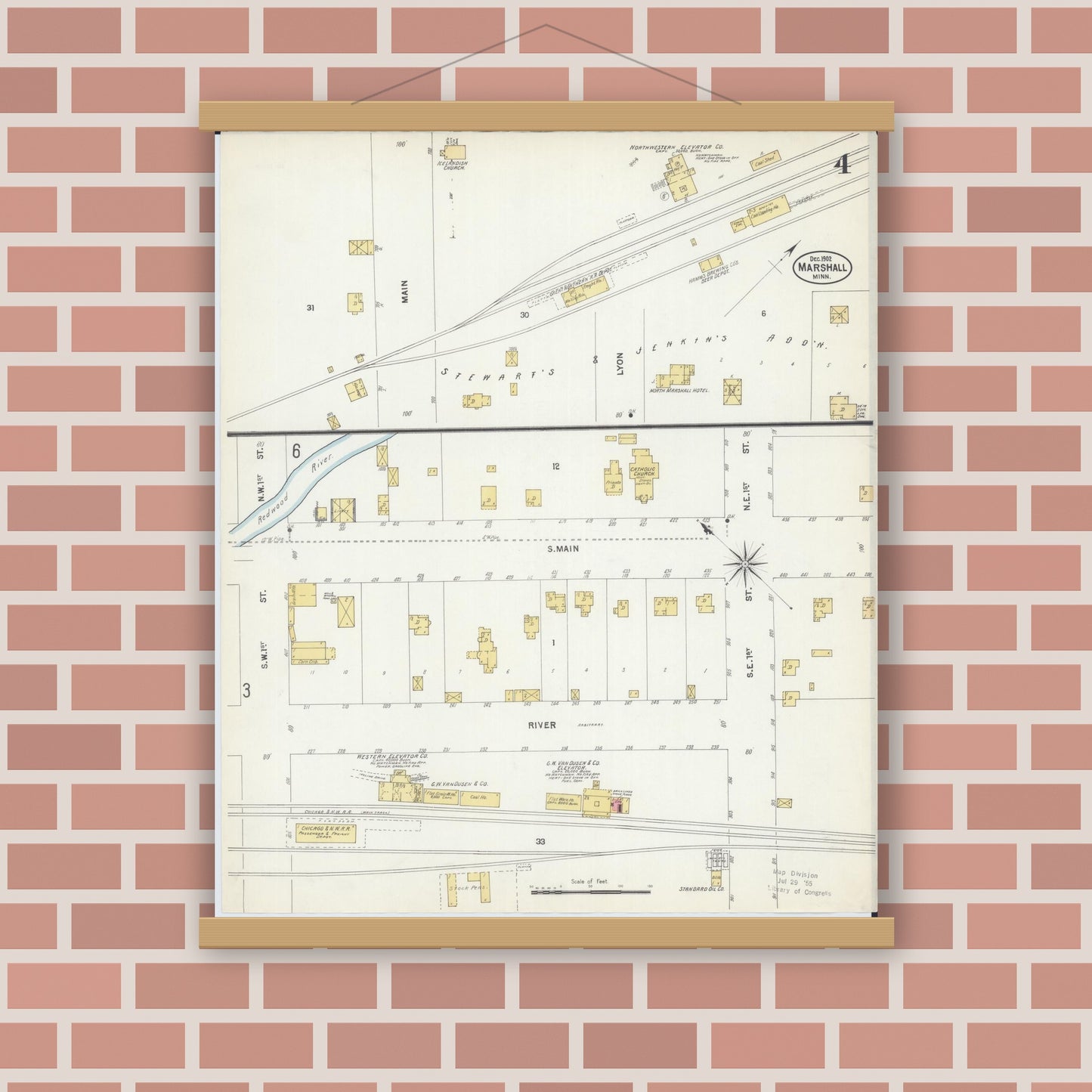 Old map wall art mockup — magnetic wood frame on brick wall — Sanborn Fire Insurance Map from Marshall, Lyon County, Minnesota (1902), Sheet #0004