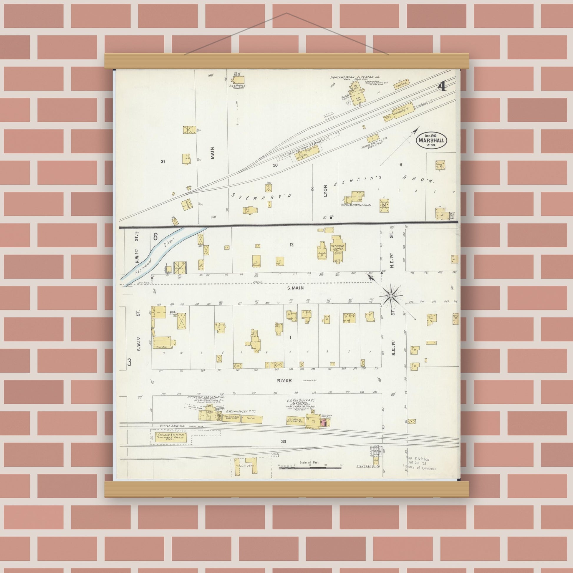 Old map wall art mockup — magnetic wood frame on brick wall — Sanborn Fire Insurance Map from Marshall, Lyon County, Minnesota (1902), Sheet #0004