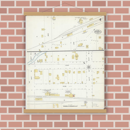 Old map wall art mockup — magnetic wood frame on brick wall — Sanborn Fire Insurance Map from Marshall, Lyon County, Minnesota (1902), Sheet #0004