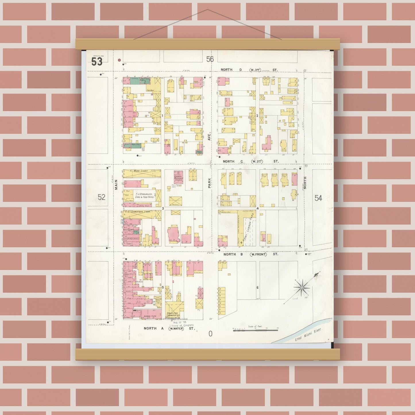 Old map wall art mockup — magnetic wood frame on brick wall — Sanborn Fire Insurance Map from Hamilton, Butler County, Ohio (1899), Sheet #0053