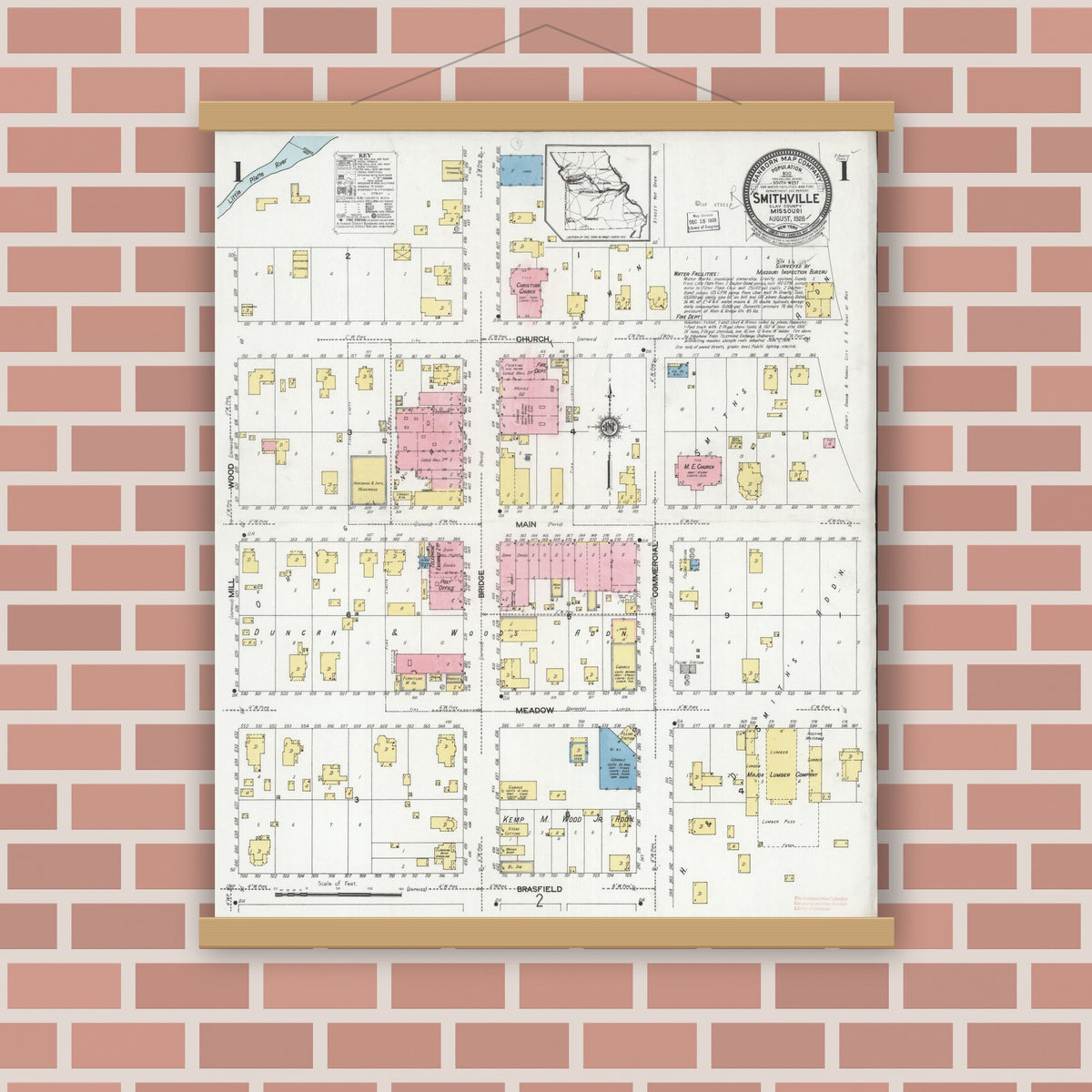 Old map wall art mockup — magnetic wood frame on brick wall — Sanborn Fire Insurance Map from Smithville, Clay County, Missouri (1928), Sheet #0001