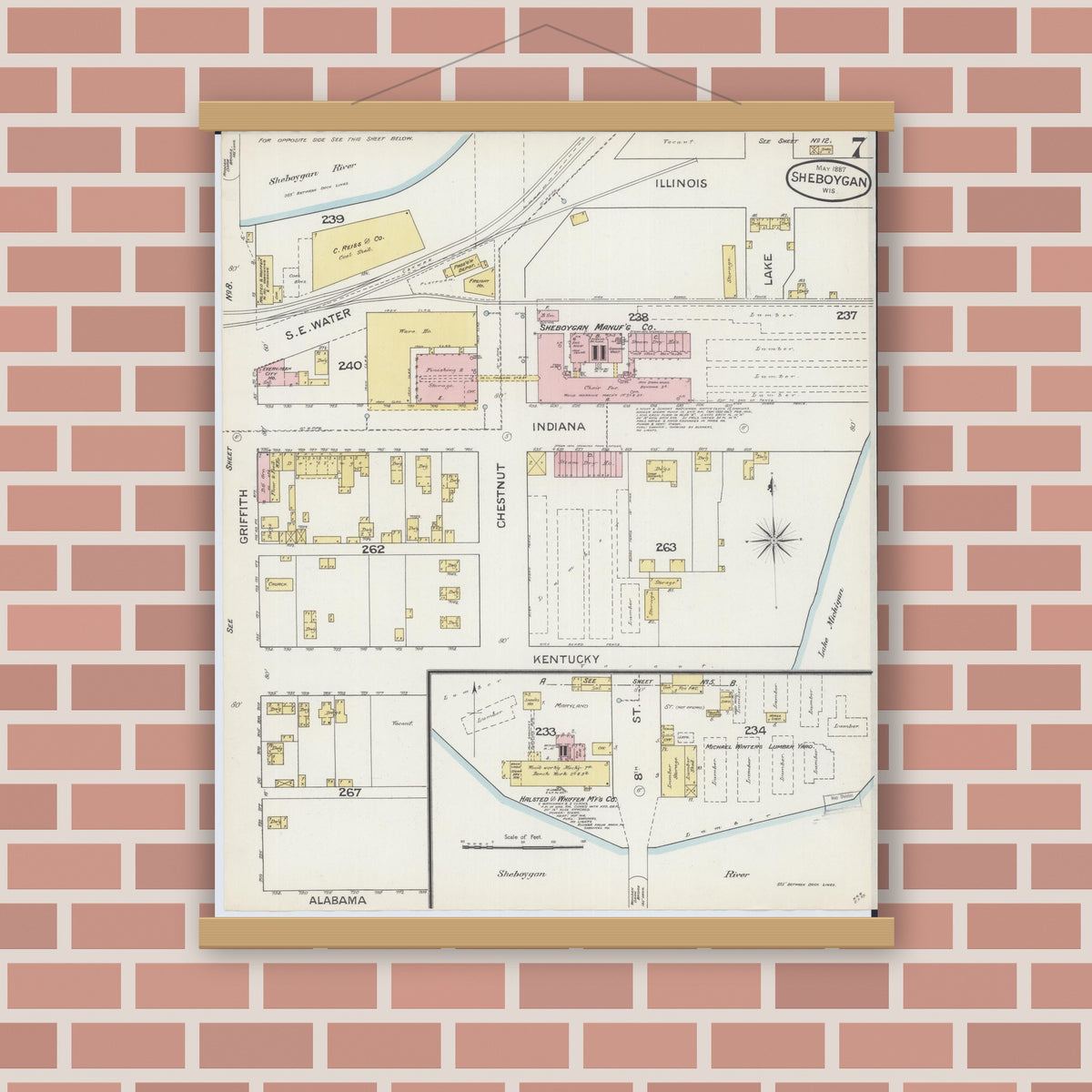 Old map wall art mockup — magnetic wood frame on brick wall — Sanborn Fire Insurance Map from Sheboygan, Sheboygan County, Wisconsin (1887), Sheet #0007