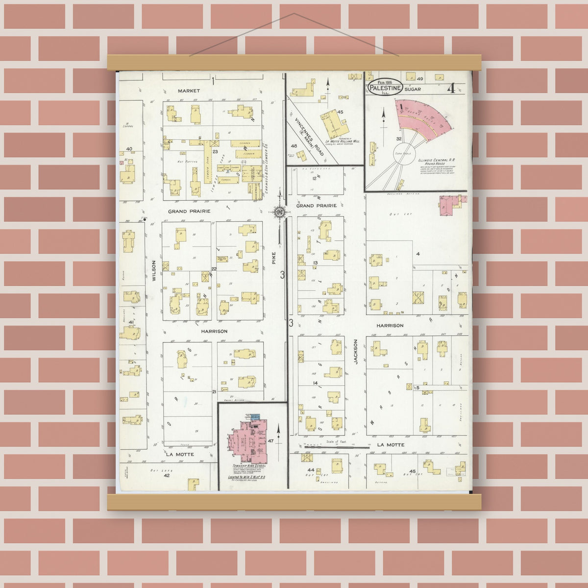 Old map wall art mockup — magnetic wood frame on brick wall — Sanborn Fire Insurance Map from Palestine, Crawford County, Illinois (1916), Sheet #0004