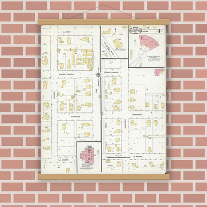 Old map wall art mockup — magnetic wood frame on brick wall — Sanborn Fire Insurance Map from Palestine, Crawford County, Illinois (1916), Sheet #0004