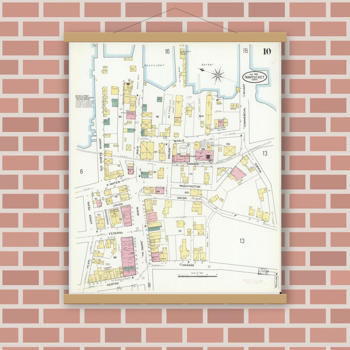Old map wall art mockup — magnetic wood frame on brick wall — Sanborn Fire Insurance Map from Nantucket, Nantucket County, Massachusetts (1909), Sheet #0010