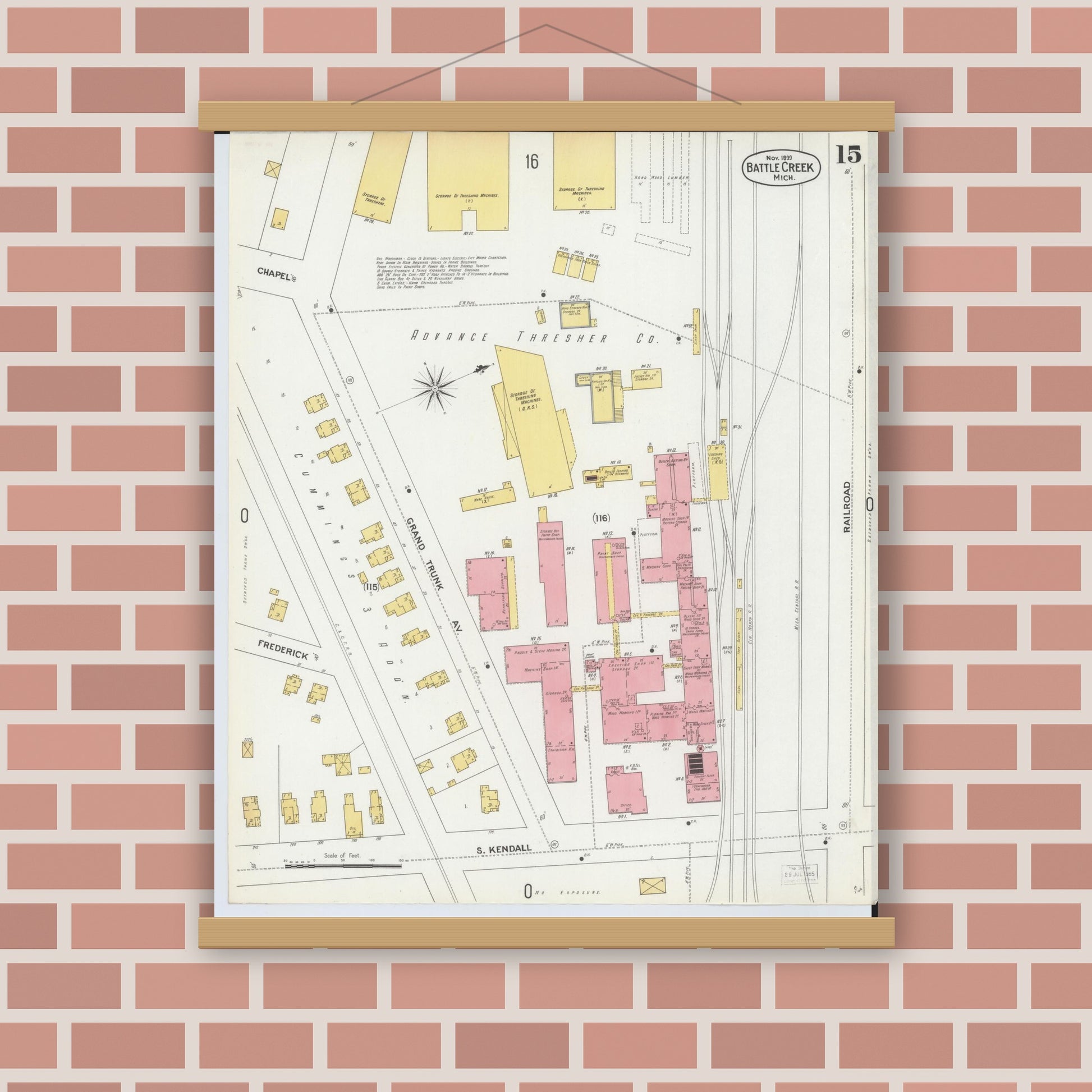Old map wall art mockup — magnetic wood frame on brick wall — Sanborn Fire Insurance Map from Battle Creek, Calhoun County, Michigan (1899), Sheet #0015