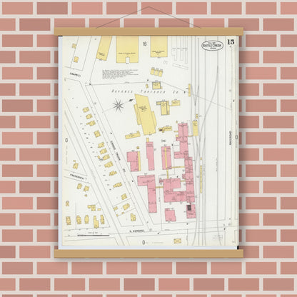 Old map wall art mockup — magnetic wood frame on brick wall — Sanborn Fire Insurance Map from Battle Creek, Calhoun County, Michigan (1899), Sheet #0015