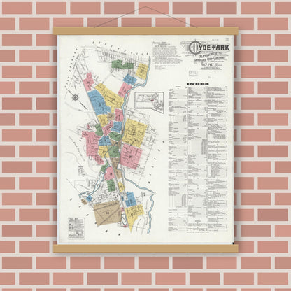 Old map wall art mockup — magnetic wood frame on brick wall — Sanborn Fire Insurance Map from Hyde Park, Norfolk County, Massachusetts (1917) - Complete Map Set