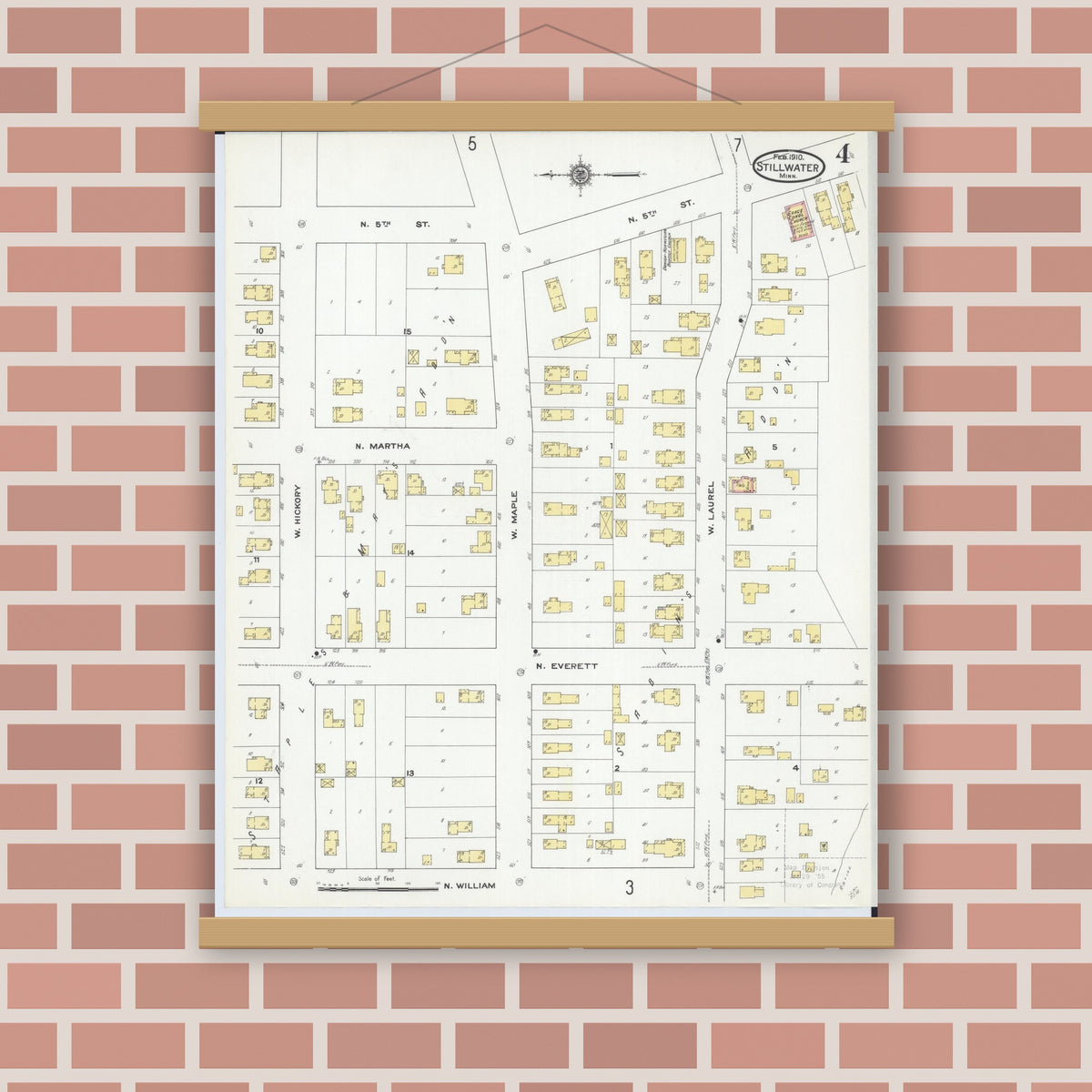 Old map wall art mockup — magnetic wood frame on brick wall — Sanborn Fire Insurance Map from Stillwater, Washington County, Minnesota (1910), Sheet #0004