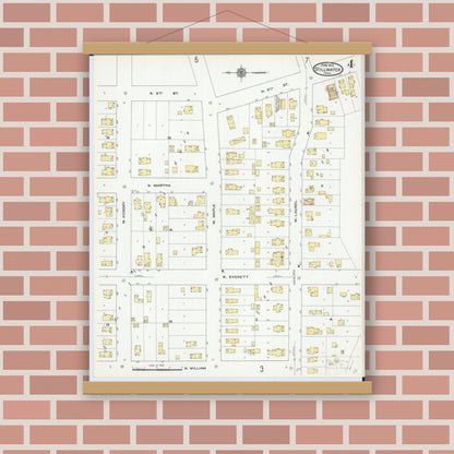 Old map wall art mockup — magnetic wood frame on brick wall — Sanborn Fire Insurance Map from Stillwater, Washington County, Minnesota (1910), Sheet #0004
