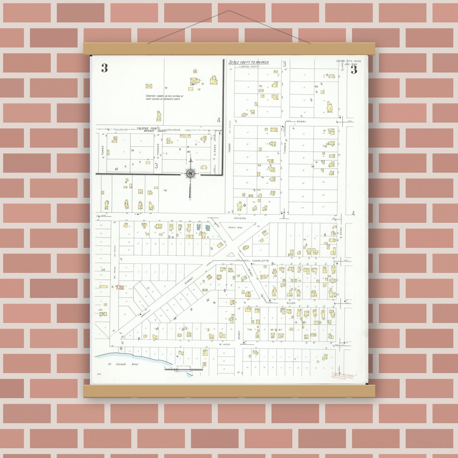 Old map wall art mockup — magnetic wood frame on brick wall — Sanborn Fire Insurance Map from Union City, Branch And Calhoun Counties, Michigan (1940), Sheet #0003