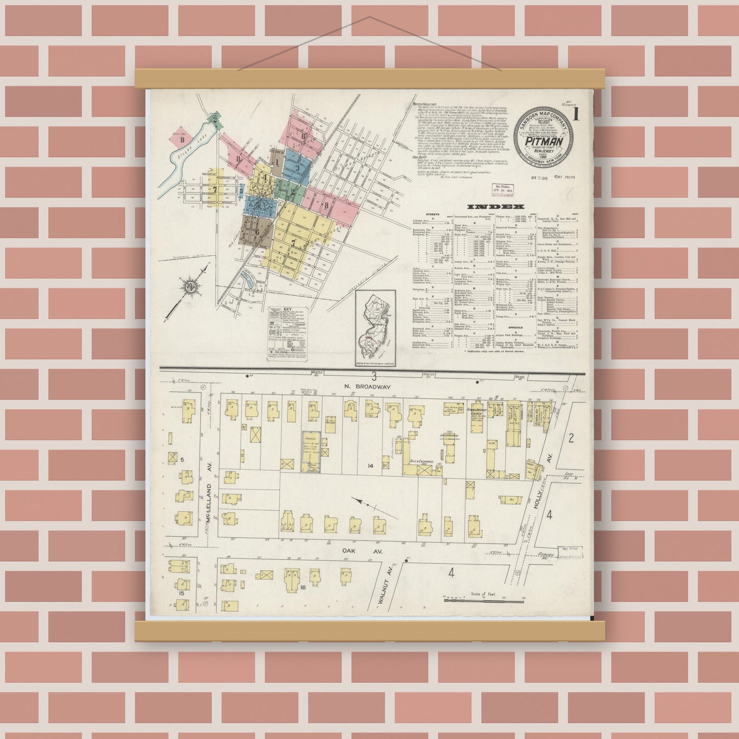 Old map wall art mockup — magnetic wood frame on brick wall — Sanborn Fire Insurance Map from Pitman, Gloucester County, New Jersey (1915) - Complete Map Set