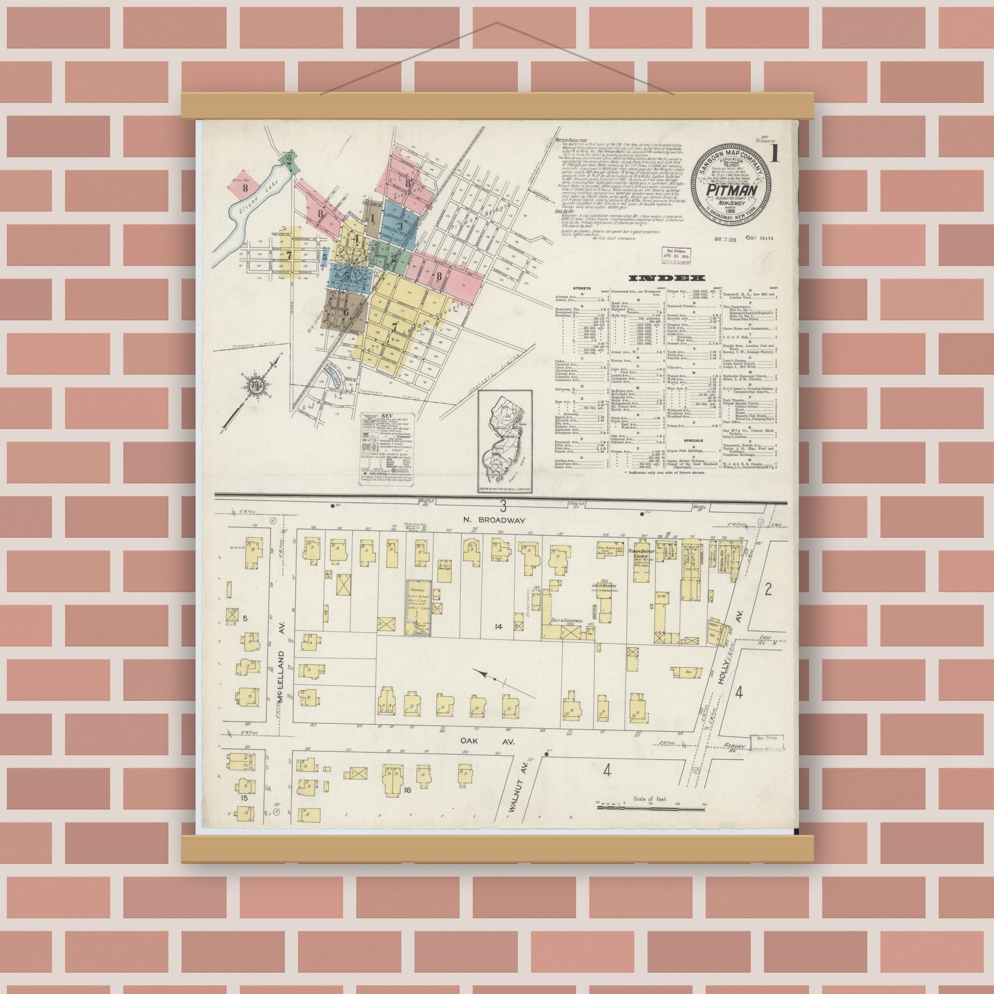 Old map wall art mockup — magnetic wood frame on brick wall — Sanborn Fire Insurance Map from Pitman, Gloucester County, New Jersey (1915) - Complete Map Set