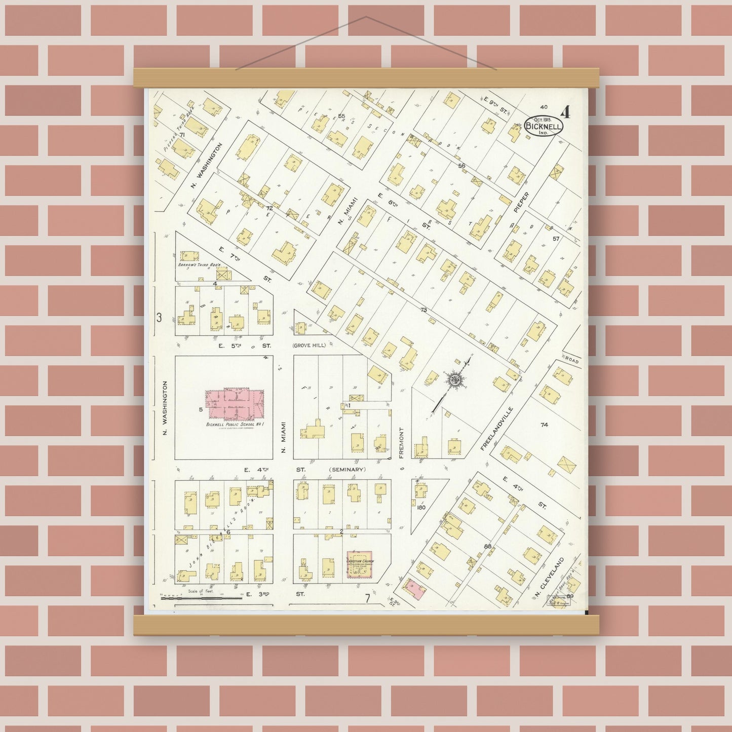 Old map wall art mockup — magnetic wood frame on brick wall — Sanborn Fire Insurance Map from Bicknell, Knox County, Indiana (1915), Sheet #0004