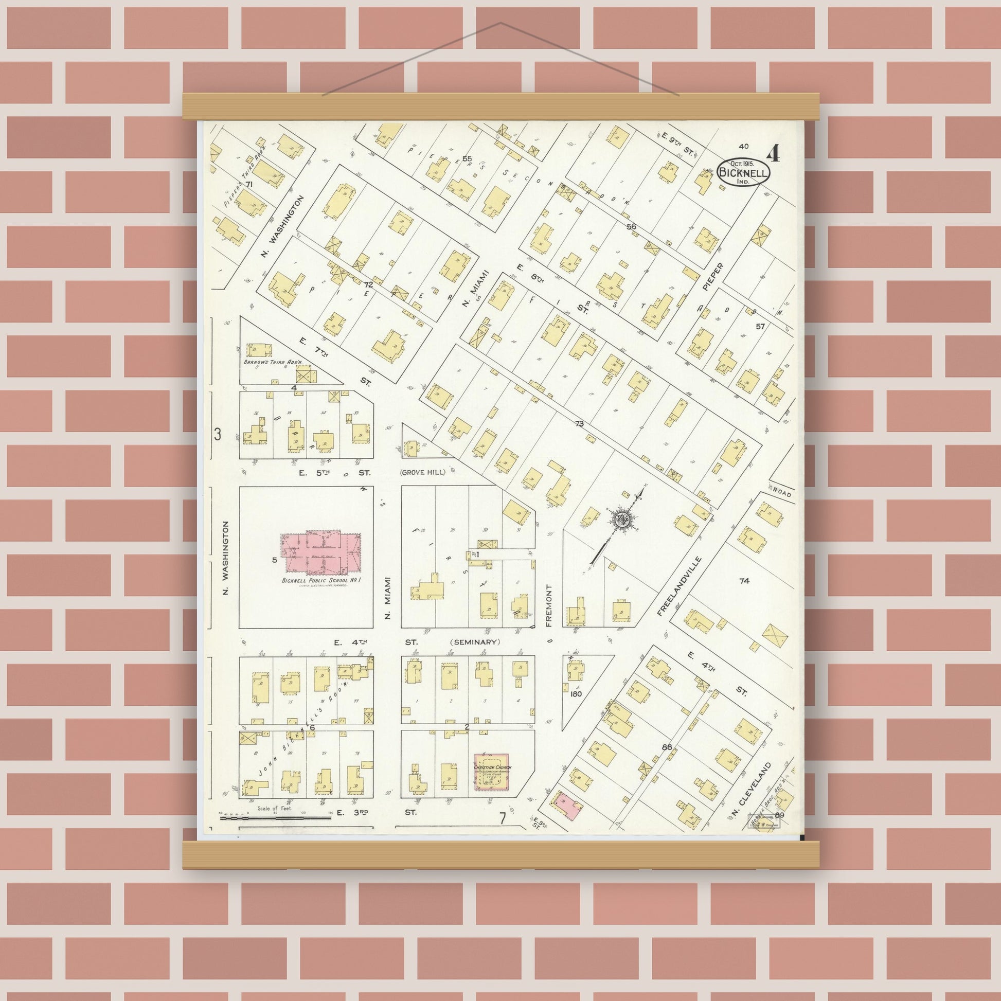 Old map wall art mockup — magnetic wood frame on brick wall — Sanborn Fire Insurance Map from Bicknell, Knox County, Indiana (1915), Sheet #0004