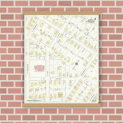 Old map wall art mockup — magnetic wood frame on brick wall — Sanborn Fire Insurance Map from Bicknell, Knox County, Indiana (1915), Sheet #0004