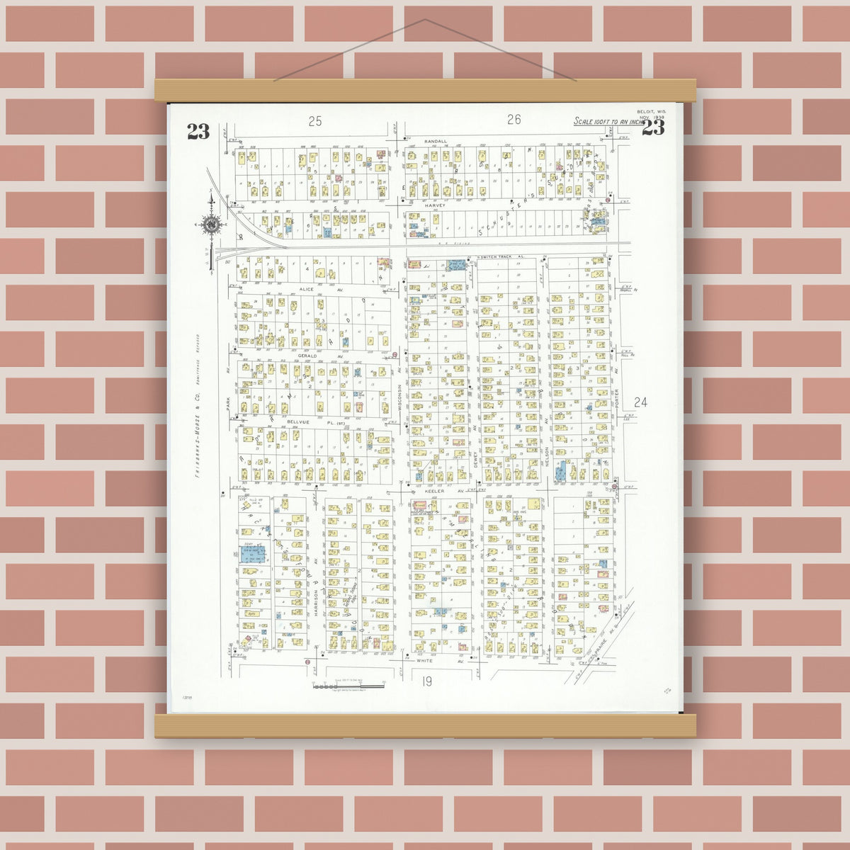 Old map wall art mockup — magnetic wood frame on brick wall — Sanborn Fire Insurance Map from Beloit, Rock County, Wisconsin (1939), Sheet #0023