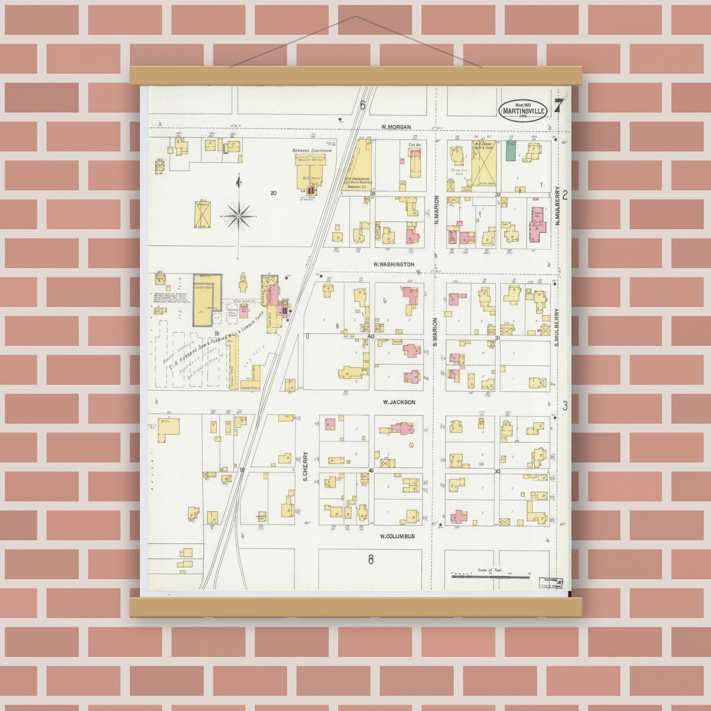 Old map wall art mockup — magnetic wood frame on brick wall — Sanborn Fire Insurance Map from Martinsville, Morgan County, Indiana (1902), Sheet #0007