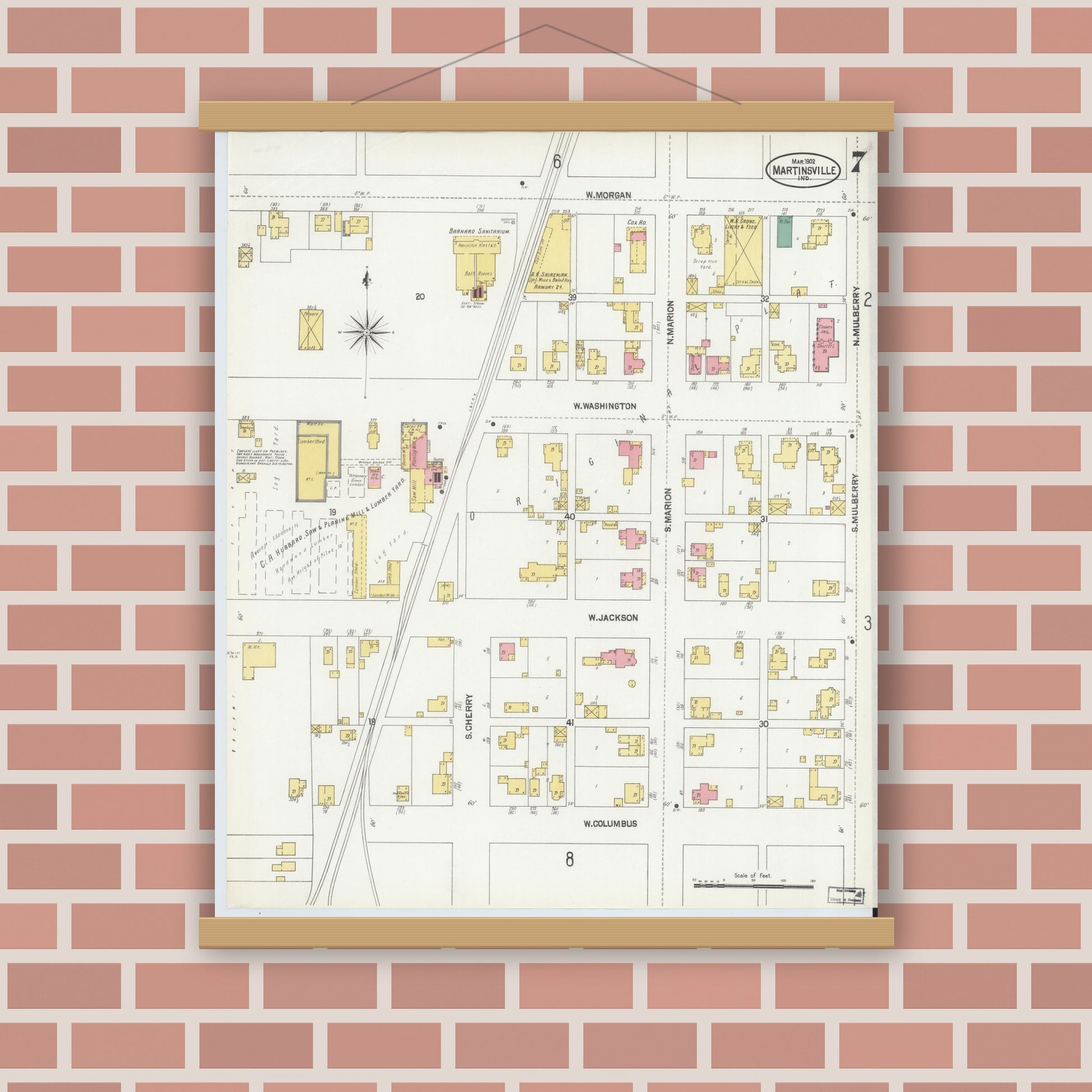 Old map wall art mockup — magnetic wood frame on brick wall — Sanborn Fire Insurance Map from Martinsville, Morgan County, Indiana (1902), Sheet #0007