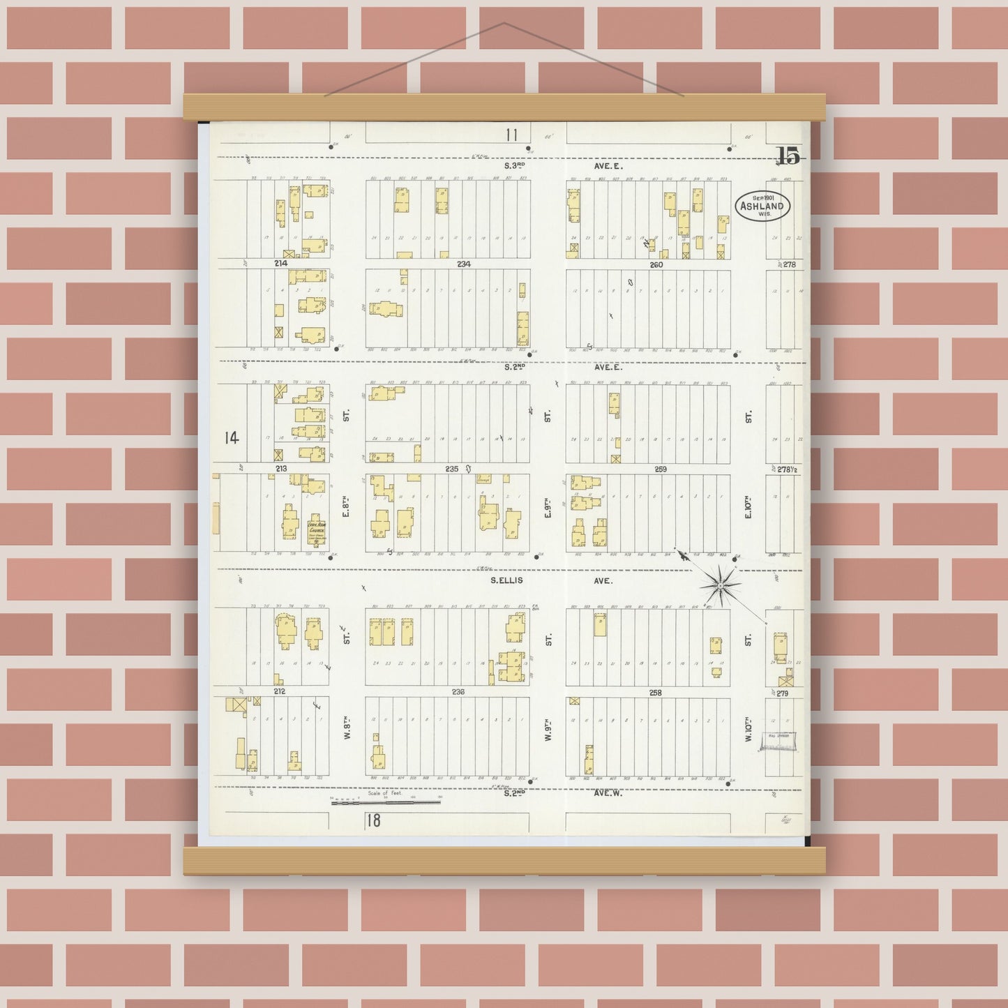 Old map wall art mockup — magnetic wood frame on brick wall — Sanborn Fire Insurance Map from Ashland, Ashland County, Wisconsin (1901), Sheet #0015