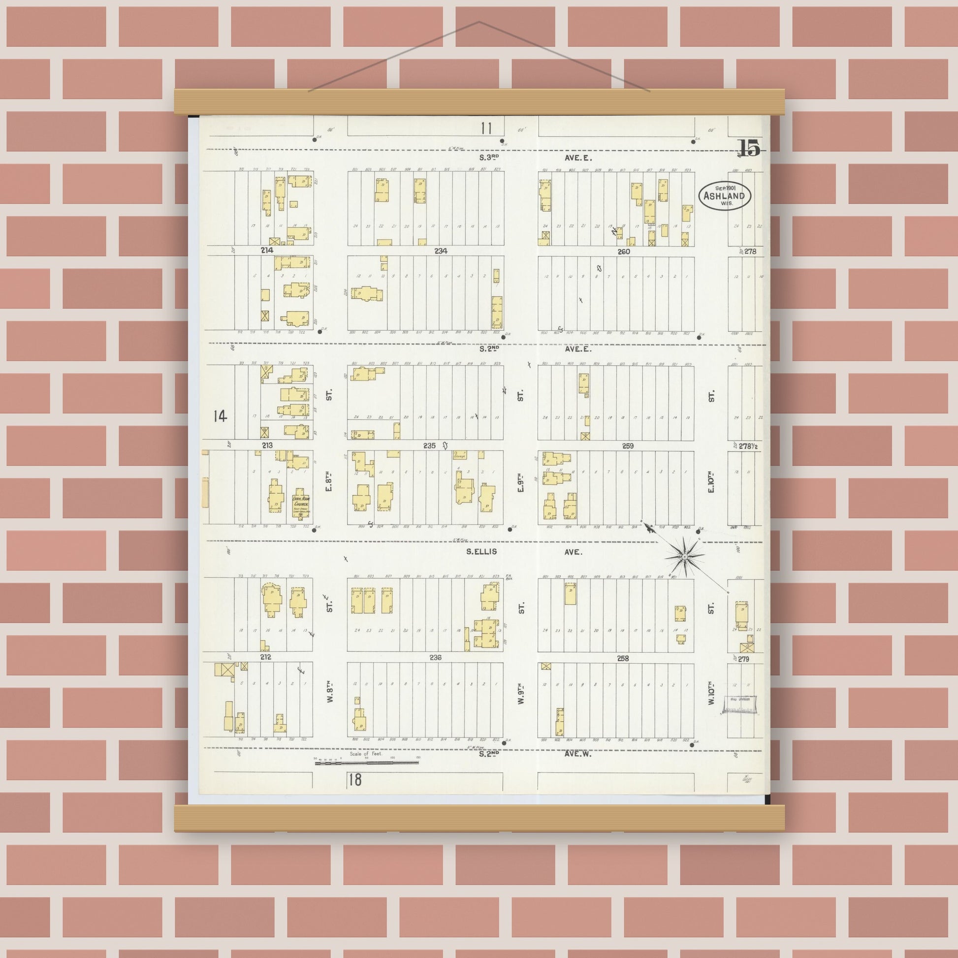 Old map wall art mockup — magnetic wood frame on brick wall — Sanborn Fire Insurance Map from Ashland, Ashland County, Wisconsin (1901), Sheet #0015
