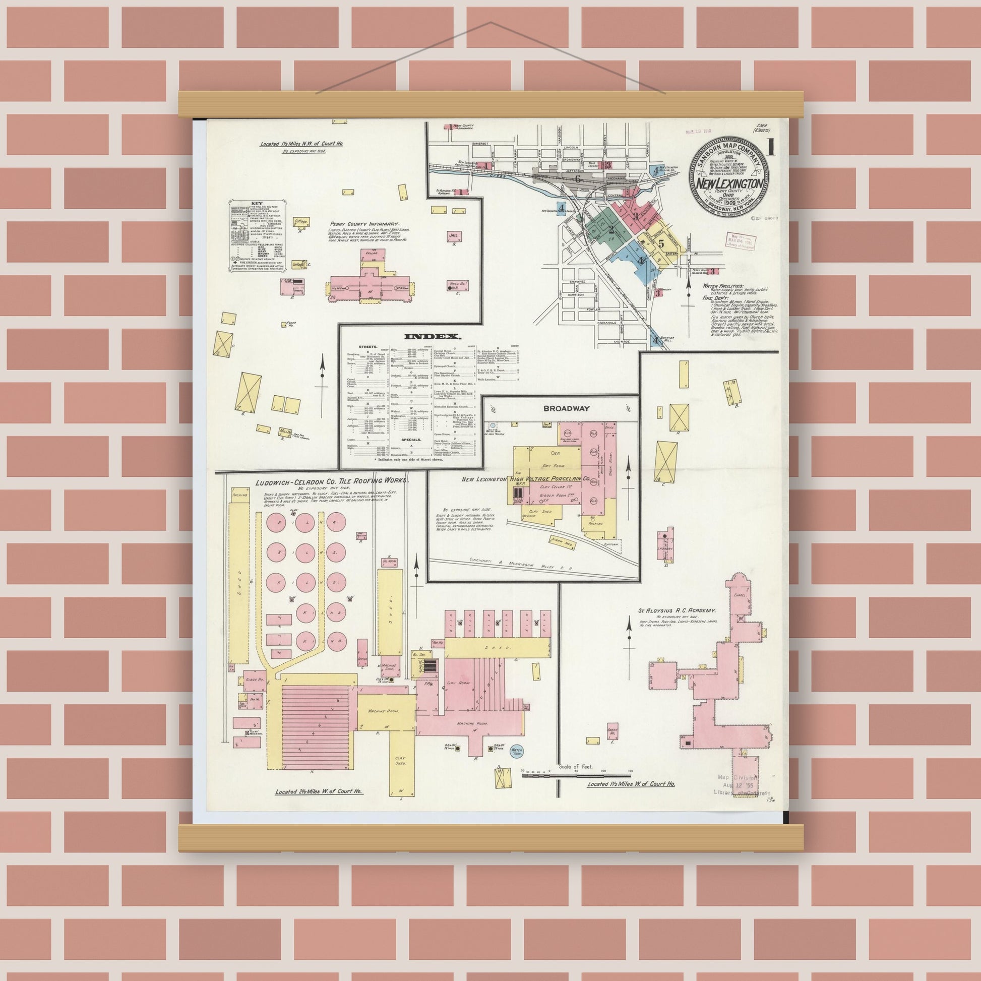 Old map wall art mockup — magnetic wood frame on brick wall — Sanborn Fire Insurance Map from New Lexington, Perry County, Ohio (1909), Sheet #0001