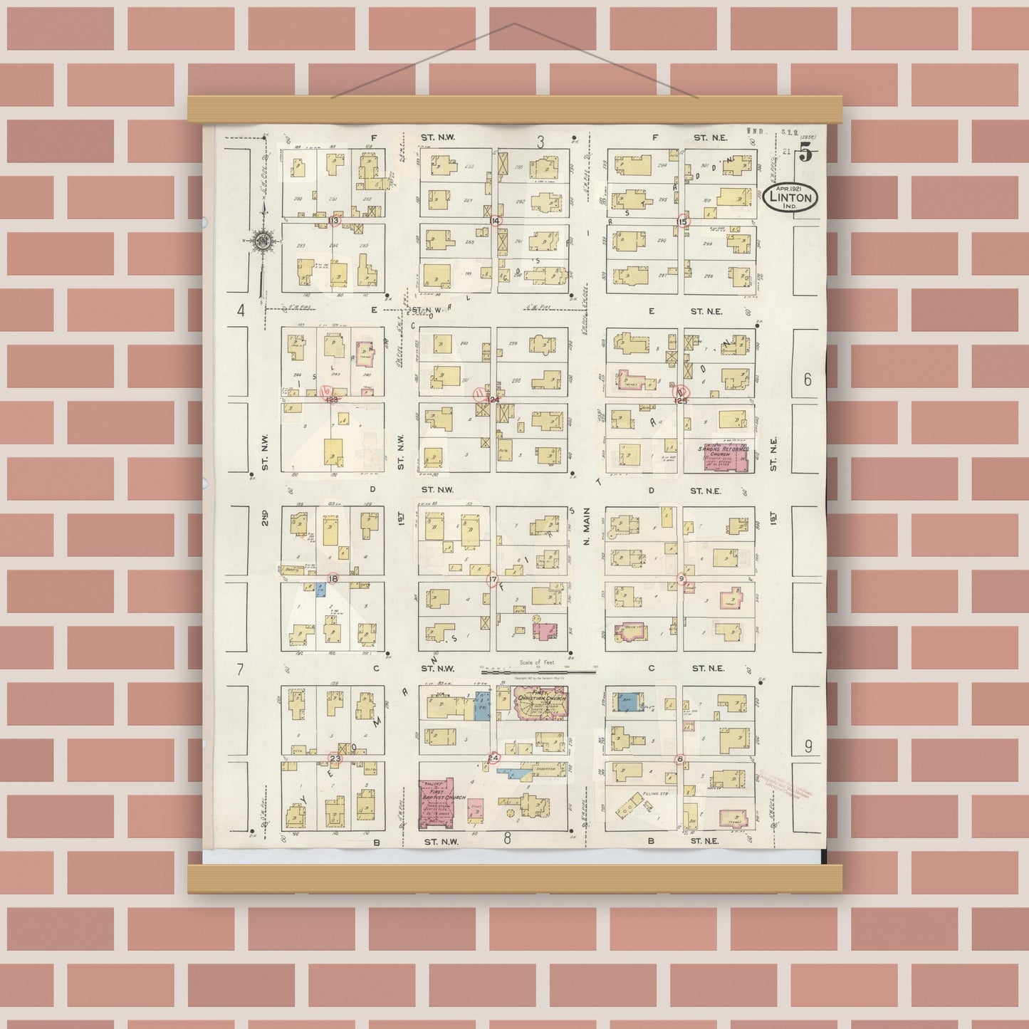 Old map wall art mockup — magnetic wood frame on brick wall — Sanborn Fire Insurance Map from Linton, Greene County, Indiana (1948), Sheet #0005