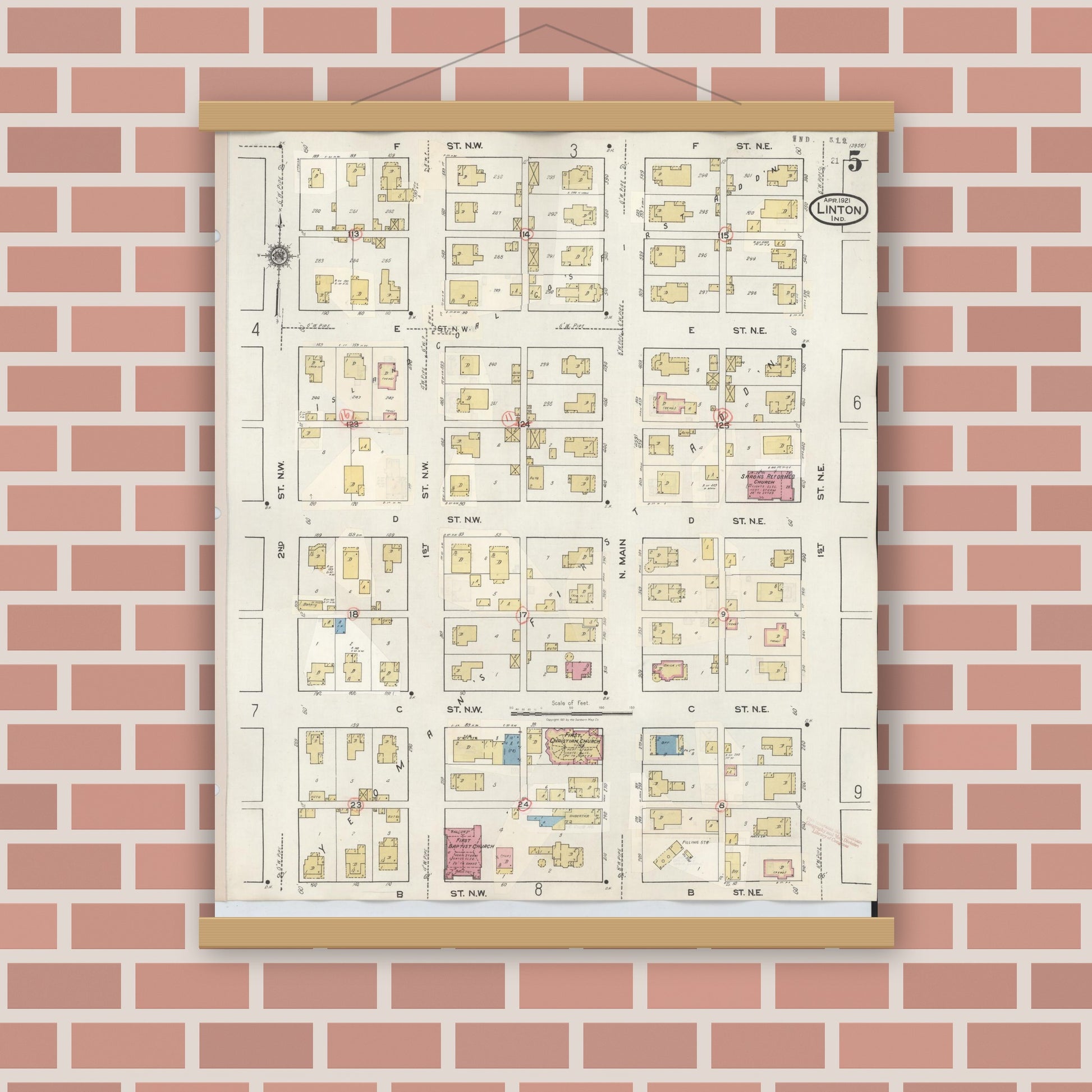Old map wall art mockup — magnetic wood frame on brick wall — Sanborn Fire Insurance Map from Linton, Greene County, Indiana (1948), Sheet #0005