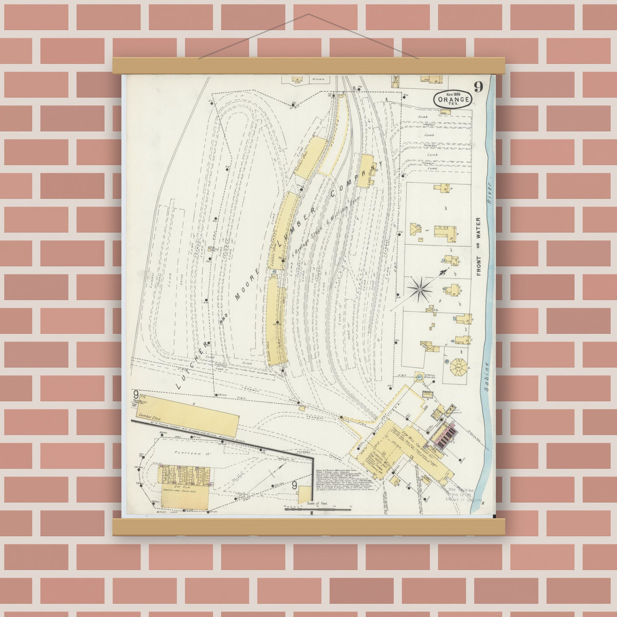 Old map wall art mockup — magnetic wood frame on brick wall — Sanborn Fire Insurance Map from Orange, Orange County, Texas (1896), Sheet #0009