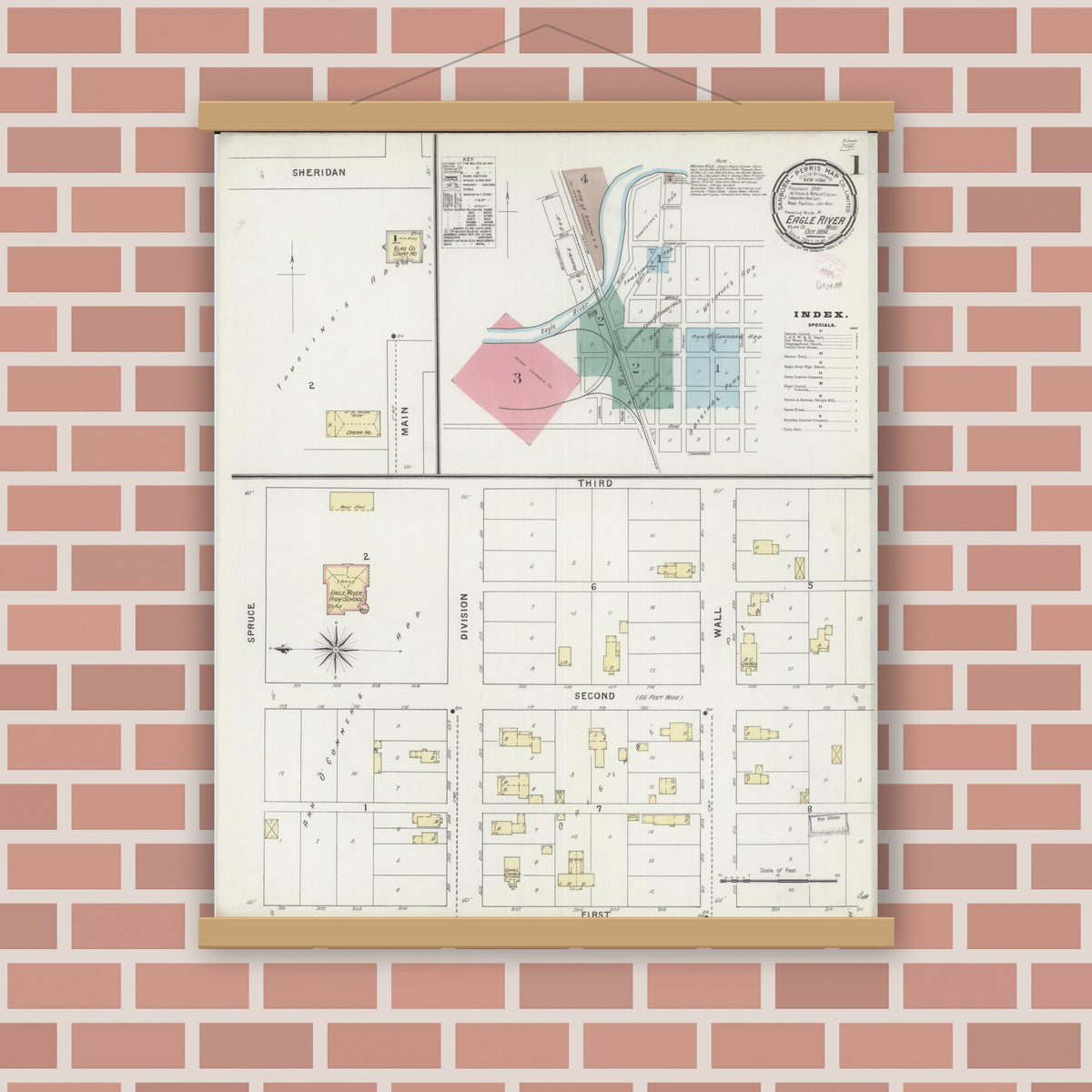Old map wall art mockup — magnetic wood frame on brick wall — Sanborn Fire Insurance Map from Eagle River, Vilas County, Wisconsin (1894) - Complete Map Set