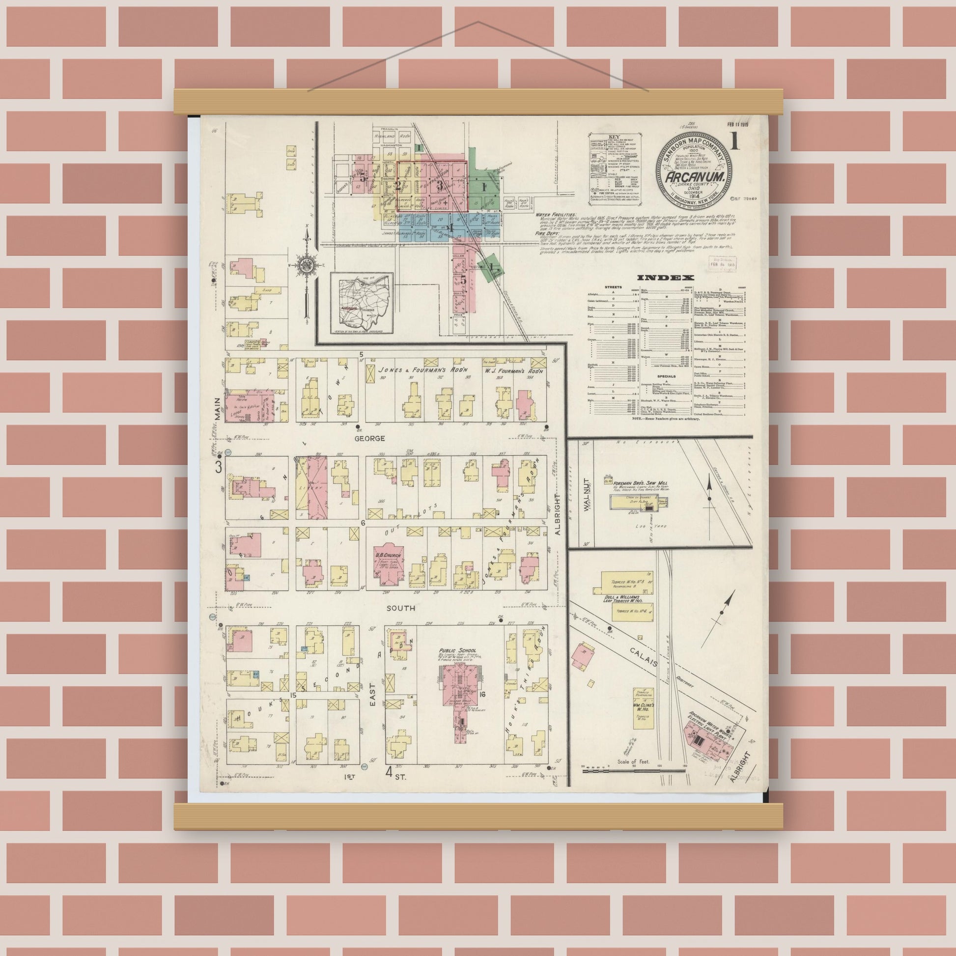 Old map wall art mockup — magnetic wood frame on brick wall — Sanborn Fire Insurance Map from Arcanum, Darke County, Ohio (1914), Sheet #0001