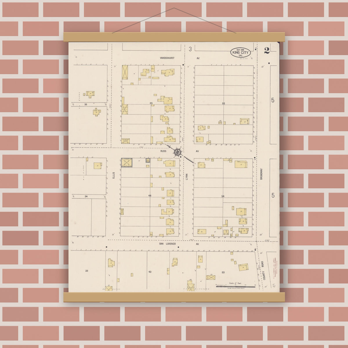 Old map wall art mockup — magnetic wood frame on brick wall — Sanborn Fire Insurance Map from King City, Monterey County, California (1919), Sheet #0002