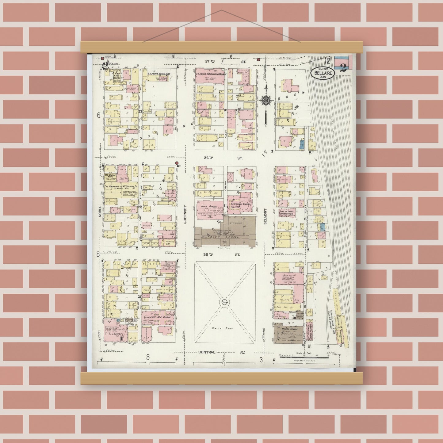 Old map wall art mockup — magnetic wood frame on brick wall — Sanborn Fire Insurance Map from Bellaire, Belmont County, Ohio (1924), Sheet #0002