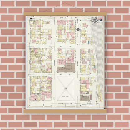 Old map wall art mockup — magnetic wood frame on brick wall — Sanborn Fire Insurance Map from Bellaire, Belmont County, Ohio (1924), Sheet #0002