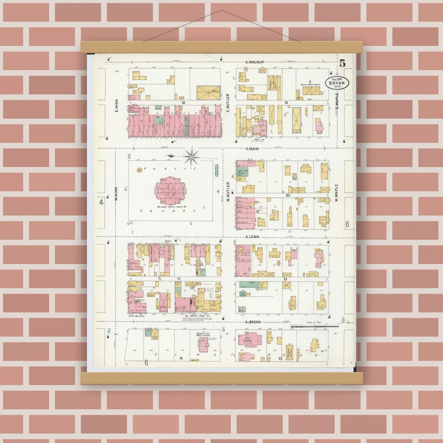 Old map wall art mockup — magnetic wood frame on brick wall — Sanborn Fire Insurance Map from Bryan, Williams County, Ohio (1899), Sheet #0005