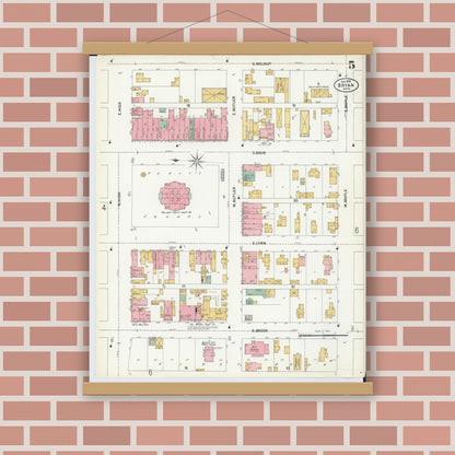 Old map wall art mockup — magnetic wood frame on brick wall — Sanborn Fire Insurance Map from Bryan, Williams County, Ohio (1899), Sheet #0005