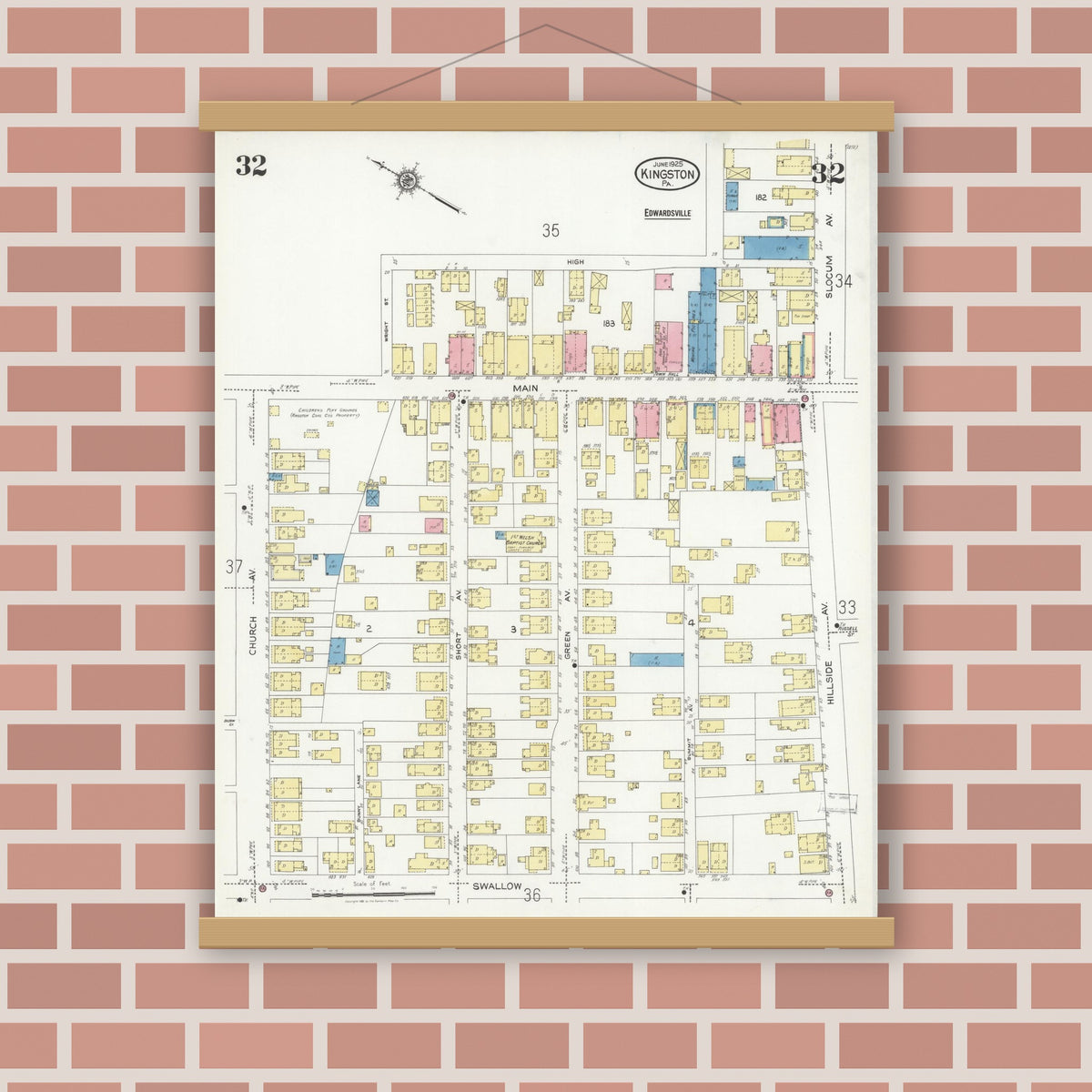Old map wall art mockup — magnetic wood frame on brick wall — Sanborn Fire Insurance Map from Kingston, Luzerne County, Pennsylvania (1925), Sheet #0032